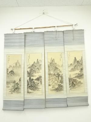暁堂筆　精装の季山水屏保　四幅対　肉筆絹本掛軸（共箱）